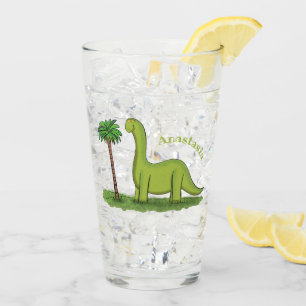 Cute happy green brontosaurus dinosaur cartoon glass