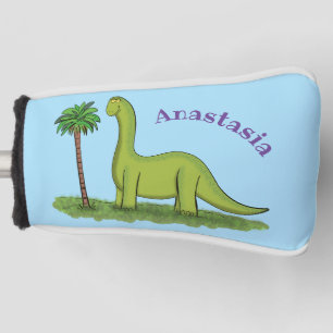 Cute happy green brontosaurus dinosaur cartoon golf head cover