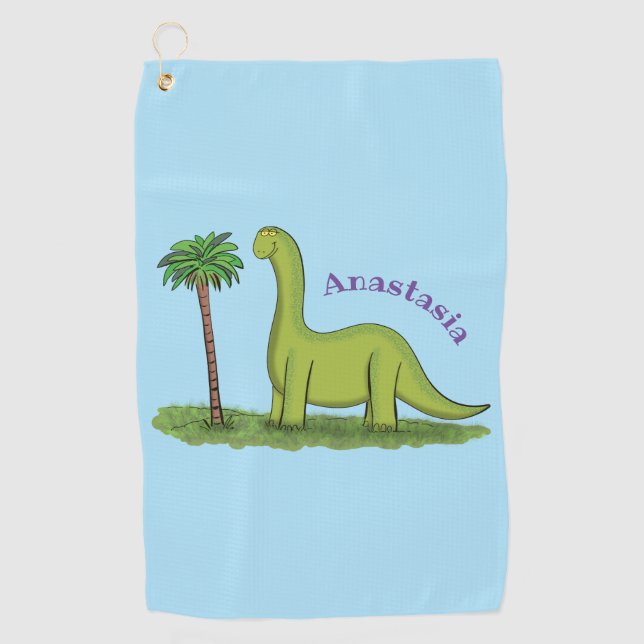 Cute happy green brontosaurus dinosaur cartoon  golf towel (Front)