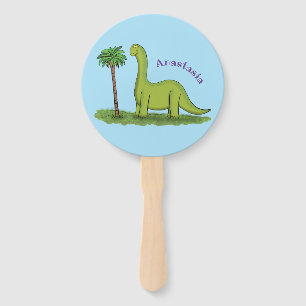 Cute happy green brontosaurus dinosaur cartoon hand fan