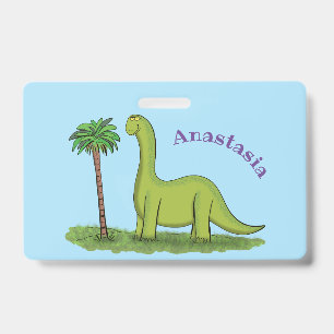 Cute happy green brontosaurus dinosaur cartoon ID badge