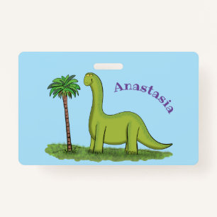 Cute happy green brontosaurus dinosaur cartoon ID badge