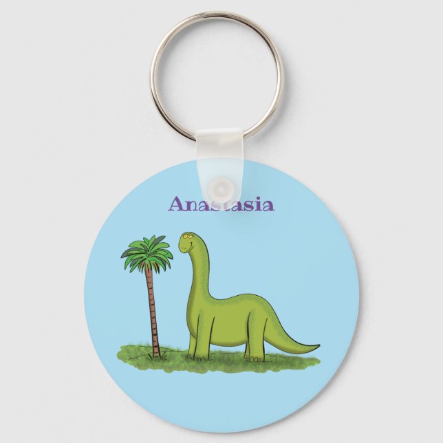 Cute happy green brontosaurus dinosaur cartoon key ring (Front)