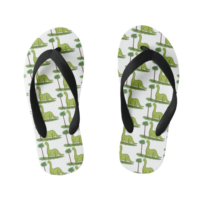 Cute happy green brontosaurus dinosaur cartoon kid's flip flops (Footbed)