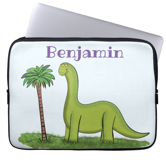 Cute happy green brontosaurus dinosaur cartoon laptop sleeve (Front)