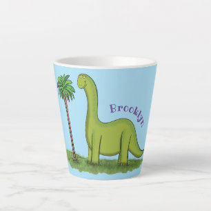 Cute happy green brontosaurus dinosaur cartoon latte mug