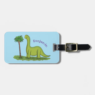 Cute happy green brontosaurus dinosaur cartoon luggage tag