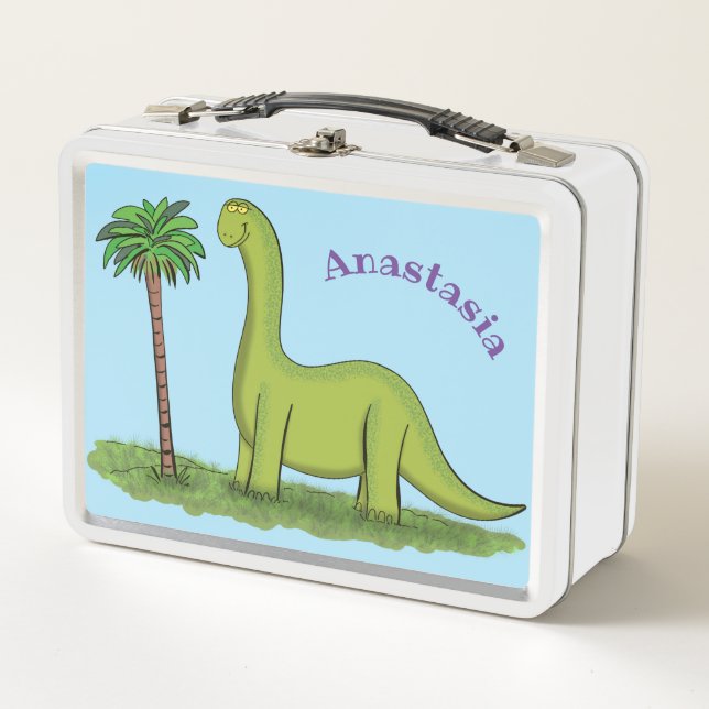 Cute happy green brontosaurus dinosaur cartoon metal lunch box (Front)