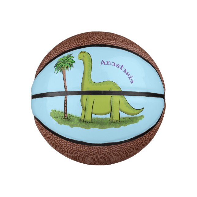 Cute happy green brontosaurus dinosaur cartoon mini basketball (Front)