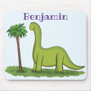 Cute happy green brontosaurus dinosaur cartoon mouse mat