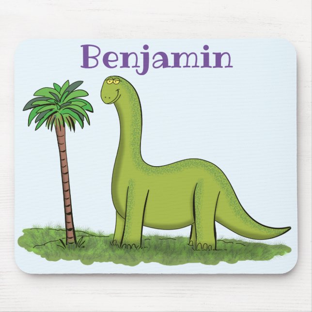 Cute happy green brontosaurus dinosaur cartoon mouse mat (Front)