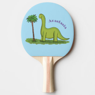 Cute happy green brontosaurus dinosaur cartoon ping pong paddle