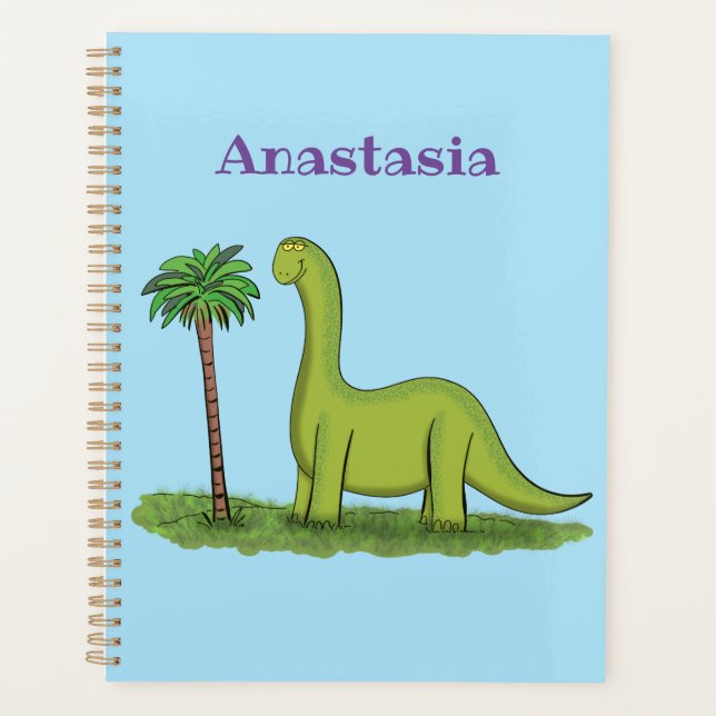 Cute happy green brontosaurus dinosaur cartoon planner (Front)