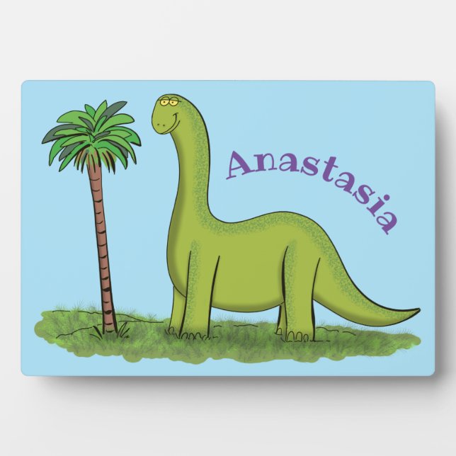 Cute happy green brontosaurus dinosaur cartoon plaque (Front)