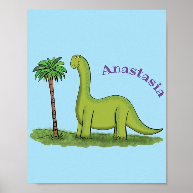 Cute happy green brontosaurus dinosaur cartoon poster (Front)