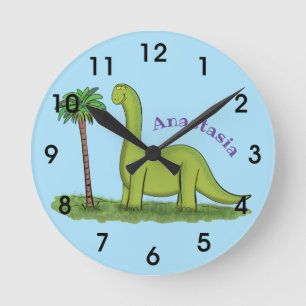 Cute happy green brontosaurus dinosaur cartoon round clock