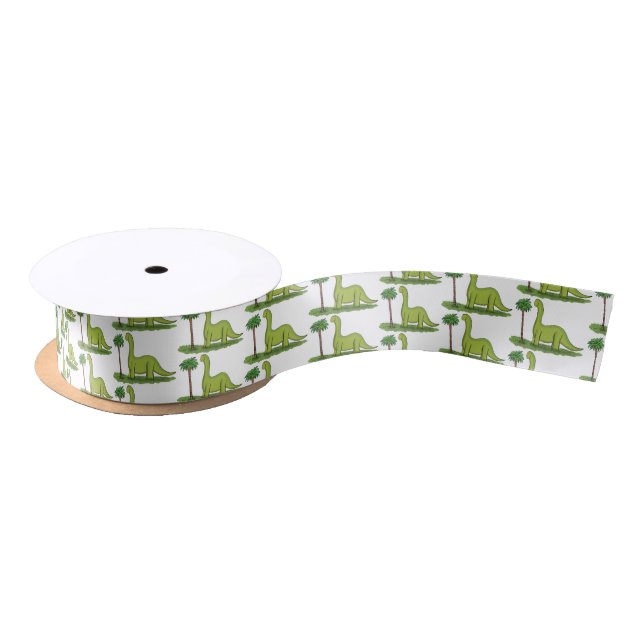 Cute happy green brontosaurus dinosaur cartoon satin ribbon (Spool)