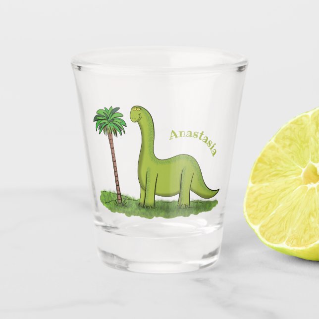Cute happy green brontosaurus dinosaur cartoon  shot glass (Front)