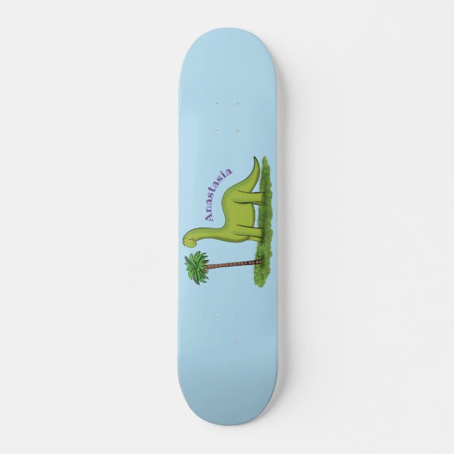 Cute happy green brontosaurus dinosaur cartoon skateboard (Front)
