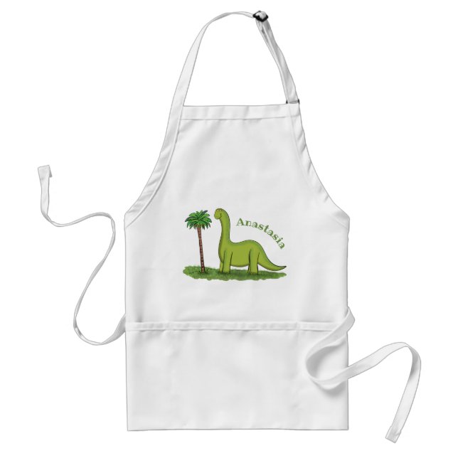 Cute happy green brontosaurus dinosaur cartoon standard apron (Front)