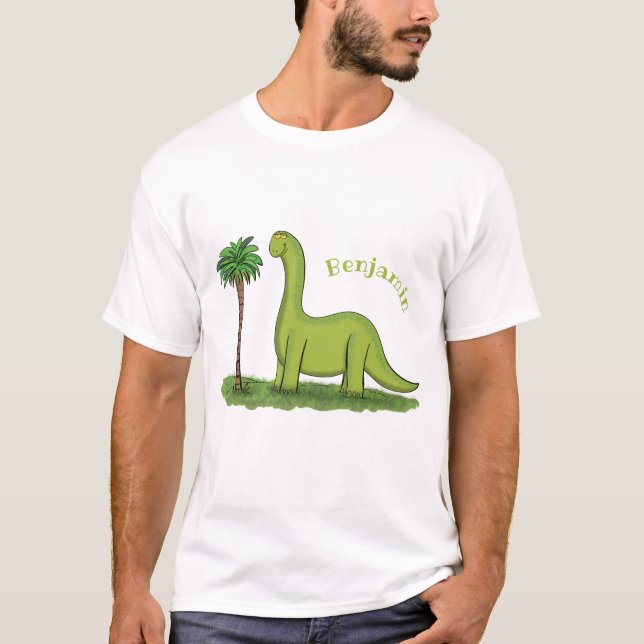 Cute happy green brontosaurus dinosaur cartoon T-Shirt (Front)