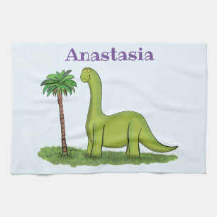 Cute happy green brontosaurus dinosaur cartoon tea towel