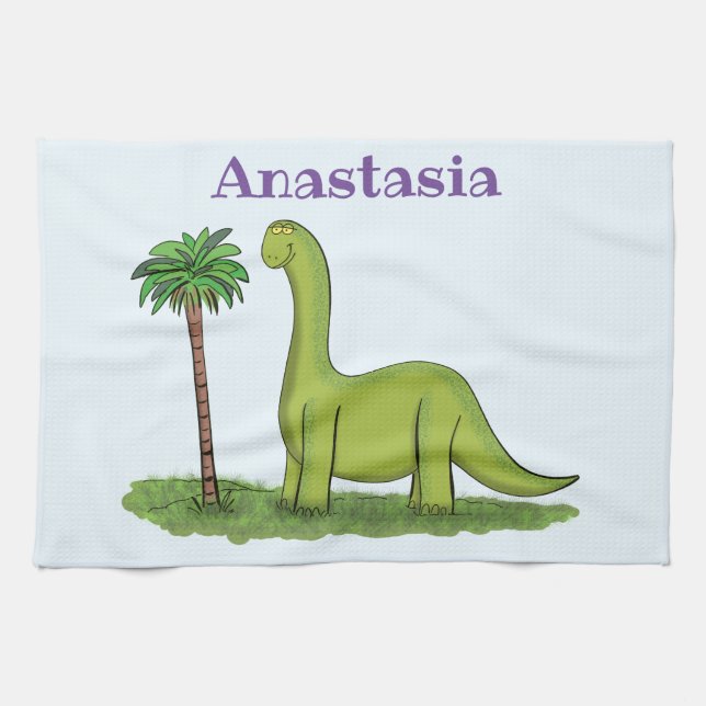 Cute happy green brontosaurus dinosaur cartoon tea towel (Horizontal)