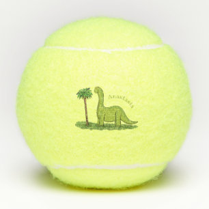 Cute happy green brontosaurus dinosaur cartoon tennis balls