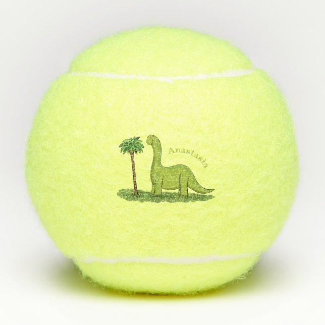 Cute happy green brontosaurus dinosaur cartoon tennis balls (Front)