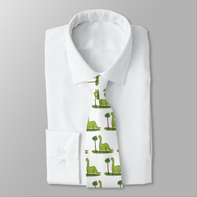 Cute happy green brontosaurus dinosaur cartoon tie (Tied)