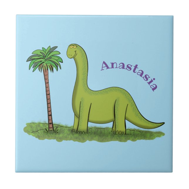 Cute happy green brontosaurus dinosaur cartoon tile (Front)
