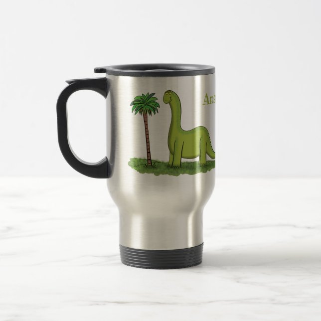 Cute happy green brontosaurus dinosaur cartoon travel mug (Left)
