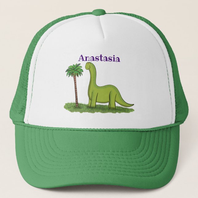 Cute happy green brontosaurus dinosaur cartoon trucker hat (Front)