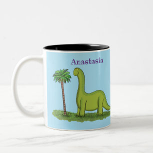 Cute happy green brontosaurus dinosaur cartoon Two-Tone coffee mug