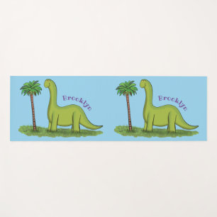 Cute happy green brontosaurus dinosaur cartoon yoga mat
