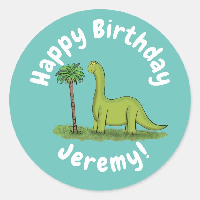 Cute happy green brontosaurus dinosaur classic round sticker (Front)