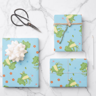Cute happy green crocodile pattern floral wrapping paper sheet