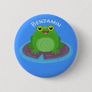 Cute happy green frog cartoon illustration 6 cm round badge