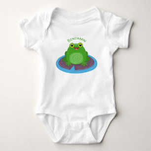 Cute happy green frog cartoon illustration baby bodysuit
