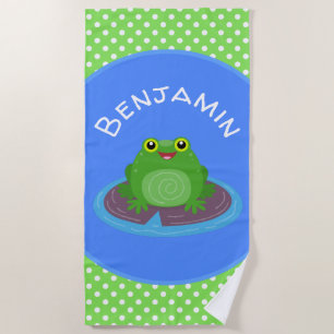 Cute happy green frog cartoon illustration beach towel