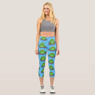 Cute happy green frog cartoon illustration capri leggings