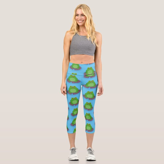 Cute happy green frog cartoon illustration capri leggings (Front)