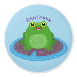 Cute happy green frog cartoon illustration ceramic knob