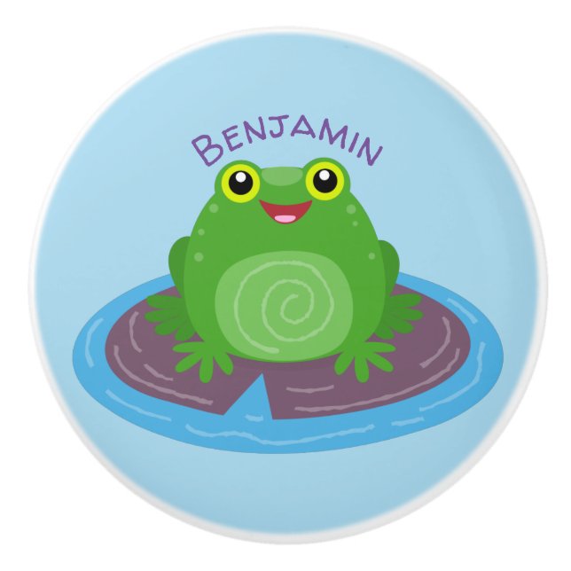 Cute happy green frog cartoon illustration ceramic knob (Front)