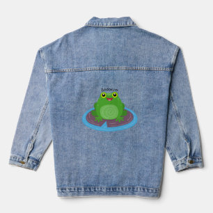 Cute happy green frog cartoon illustration denim jacket