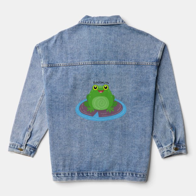 Cute happy green frog cartoon illustration denim jacket (Back)