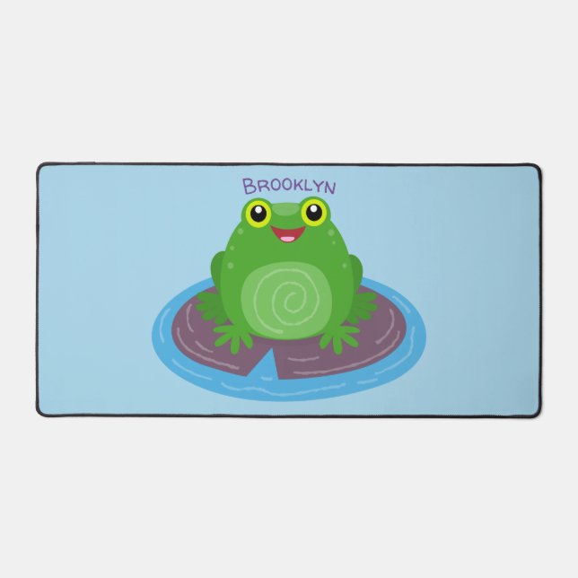Cute happy green frog cartoon illustration desk mat (Front)