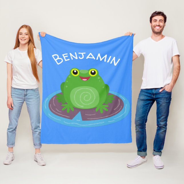 Cute happy green frog cartoon illustration fleece blanket (In Situ)