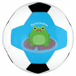 Cute happy green frog cartoon illustration football