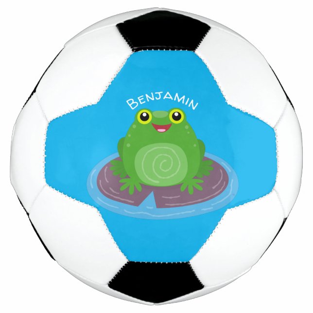 Cute happy green frog cartoon illustration football (Front)